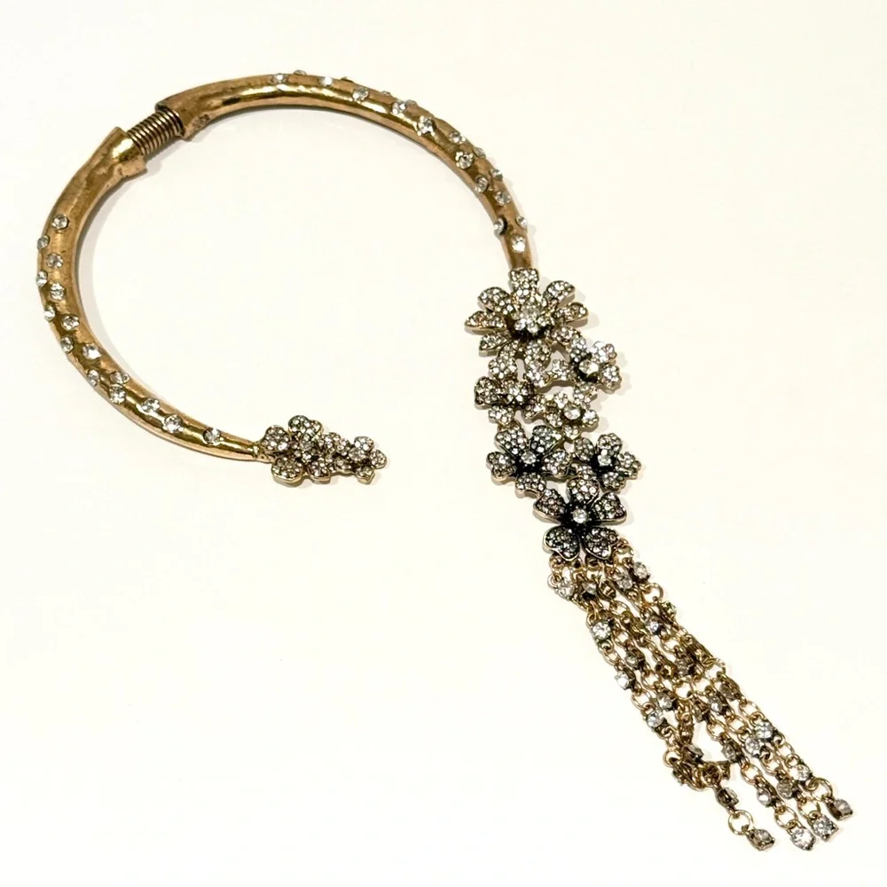 GOLDEN GLAM GODDESS | Designer Floral Crystal Waterfall Collar Necklace | NWT - Picture 7 of 8